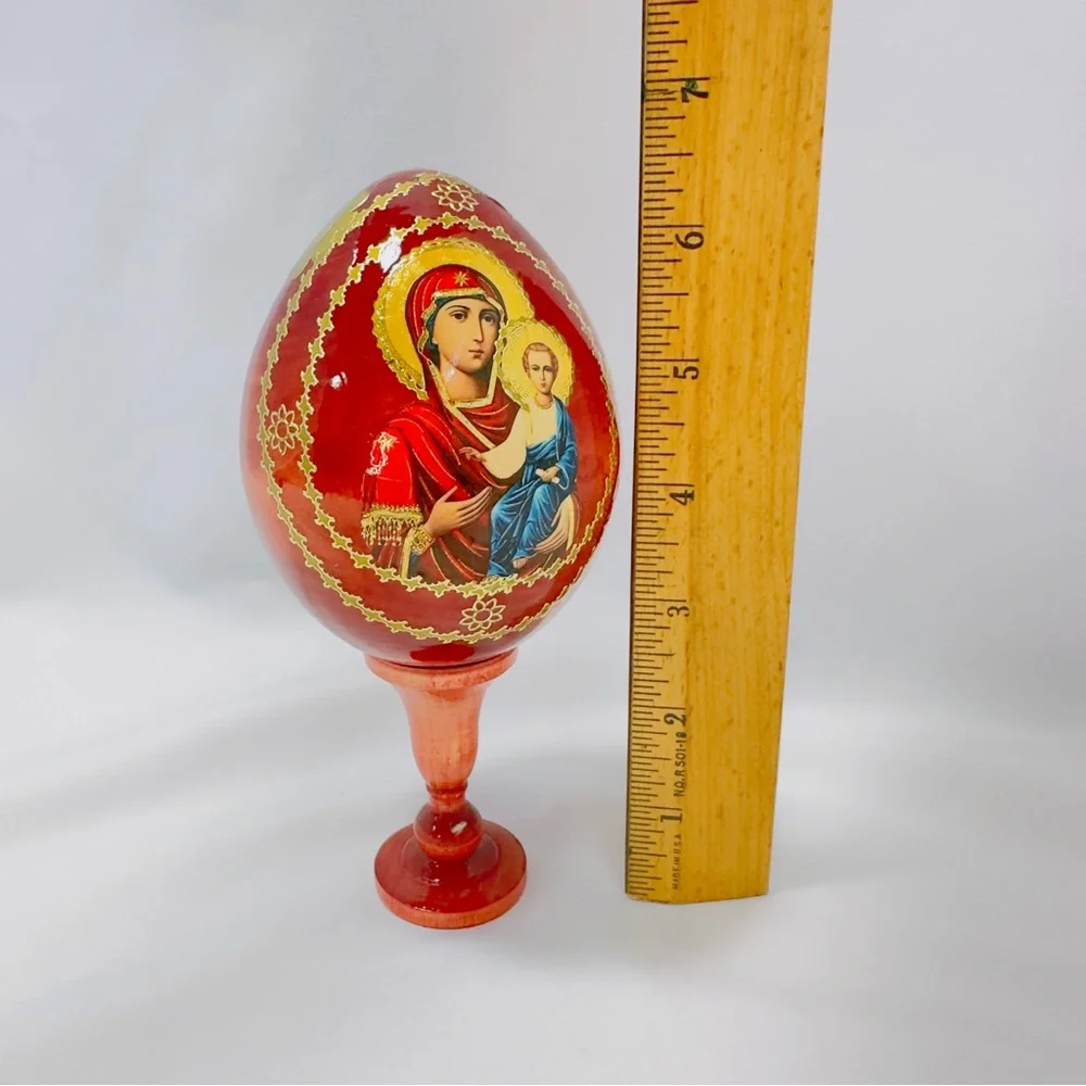 Russian Orthodox Religious Icon Red Gold Tone Decorative Egg Madonna and Child - Picture 11 of 16
